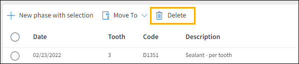 Treatment plans with yellow highlight box around the Delete option.